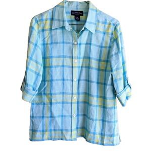 Charter Club Womens Button Top 6 P Petite 100% Linen Plaid Everyday Staple Comfy